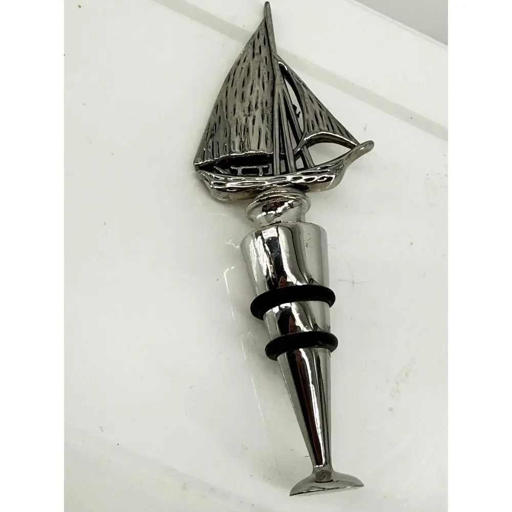 Sailboat Wine Bottle Stopper Nautical Barware Metal Chrome Boat Decor 5 Inch